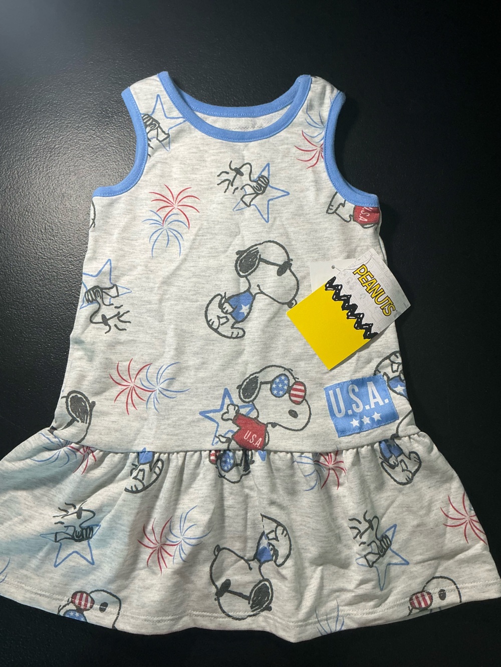 Peanuts Snoopy USA Sleeveless Kids Dress - Light Gray with Blue & Red Accents